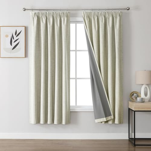 Joydeco 100 % Verdunkelungsvorhänge für Schlafzimmer, Kunstleinen, Bleistiftfalten, wärmeisolierte Vorhänge mit Beschichtung, Rückschichten, für Raumverdunkelung, Sichtschutz, 2 Paneele, Hellbeige