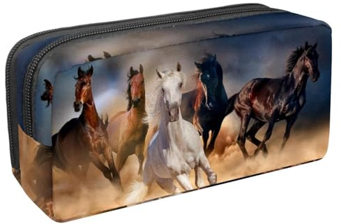 VAPOKF Federmäppchen, Federmäppchen, Schüler-Schreibwaren-Tasche für Teenager, Jungen, Mädchen, Schulbürobedarf, Pferdeherdenlauf im Wüstensand, Sturm gegen, multi, 2.3x8.2x3.9in/6x21x10cm,