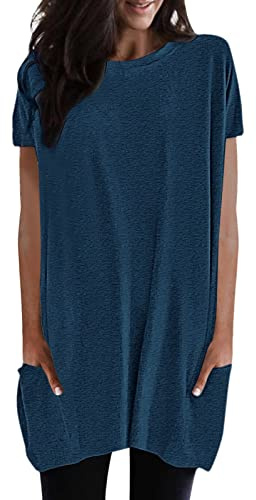 Maglietta lunga da donna, casual, per leggings, a maniche corte, estiva, oversize, scollo rotondo, con tasche, tinta unita, a tunica, casual, elegante felpa