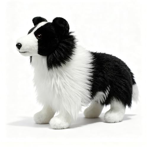 PuffPurrs Lebensechter Border Collie Plüsch, Realistisches Schwarz-Weiß Schäferhund Kuscheltier, Niedliches Hochintelligentes Geschenk, 28 CM/11 Zoll