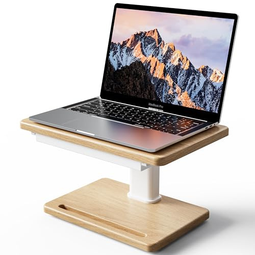 Fydeamer Monitorständer aus Holz | Höhenverstellbare Monitor Erhöhung mit Staufach | für Laptop Bildschirm und PC | 15 KG Tragkraft | Eichenholz