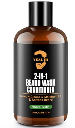 YEALIR 2-in-1 Beard Wash & Conditioner – Softens & Hydrates Dry, Coarse Beards for Effortless Styling – Cleanses & Conditions for Healthier, Fuller Facial Hair – Fresh Timber Scent – 8.45 fl oz