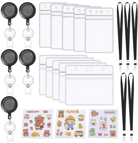 23 Pcs AusweishüLle Mit Band Set, Transparente Kartenhülle und Einziehbarem Schlüsselanhänger Set Ausweishalter Ausziehbar mit 3 Personalisierte Aufkleber, für ID Card Zugangskarten Schlüssel