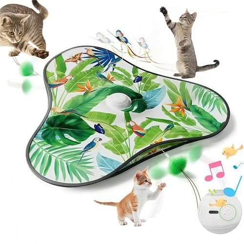 Interaktives Katzenspielzeug Selbstbeschäftigung, Katzenspielzeug Elektrisch,Elektrisches Katzenspielzeug mit Abnehmbaren Federn, Schwingendem Schmetterling und Quietschender Maus,USB-Aufladung(Grün)
