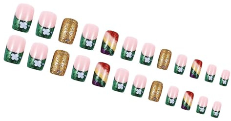 Faux ongles carrés pour la Saint-Patrick - Faux ongles artificiels à coller sur les motifs French Tips - Trèfle vert
