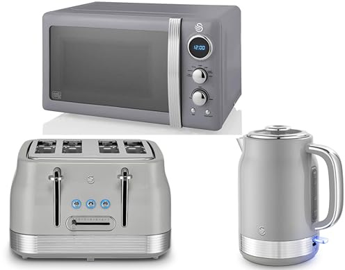 Swan Retro Revive Grey 1.7L 3KW Jug Kettle, 4 Slice Toaster & Retro 800W 20L Microwave. Matching Vintage Design Kitchen Set in Grey with Chrome Accents