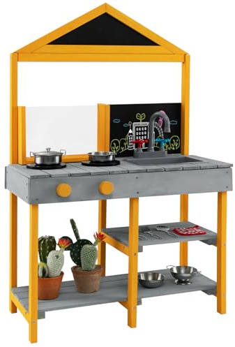 COSTWAY Mud Kitchen, Wooden Kids Toy Kitchen with See-Through Planter Box, Chalkboard, Sink & Faucet, Outdoor Pretend Kitchen Playset for Boys Girls Ages 3-8 (Grey+Yellow)