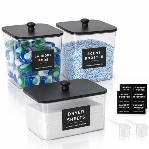 Punorric 3-Piece Laundry Pods Storage Container - Washing Pods Storage, Laundry Room Organisation with Scoops & Labels, Washing powder storage Laundry Bin with lid for Bathroom, Kitchen -Black