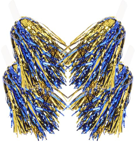 FUNOMOCYA 6 Pompones Metálicos para Animadoras Purpurina y Flores, Asa Plana de PP, Colores Azul y Dorado, Accesorio para Animar en Eventos Deportivos y Baile, Suministros para Porristas