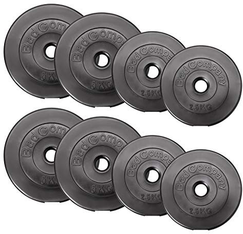 Bad Company Hantelscheiben 30/31 mm Kunststoff 30kg - Gewicht Set 4 x 5 kg + 4 x 2,5 kg - Gewichte gummiert für Langhantel und Kurzhantel