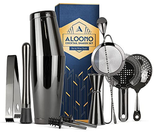 Juego de barras de coctelera Boston chapadas en cobre: 18 oz & 28 oz Shaker Tins, Hawthorne Cocktail Strainer, Double Jigger (0,5 oz – 2 oz), 12 Cuchara de mezcla, 7 bebida Muddler con recetas y