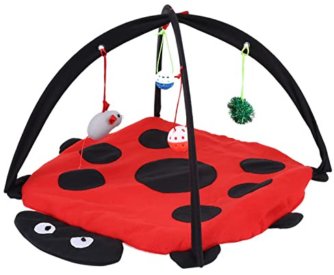 Souong Katzen Spielmatte, Baumwolle Aktivitätszentrum mit 4 Hängespielzeugen, Aufrollbares Katzenbett, 60 x 60 x 34 cm, Rot/Schwarz