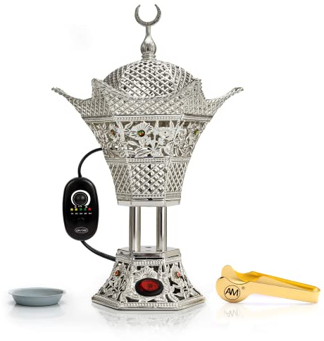 AM Regulator Electric Incense Burner – Adjustable Temperature and Timer Oud Burner for Bakhoor, Frankincense, Resin and Essential Oils - Safe Aromatherapy Burner for Home and Office (Silver)