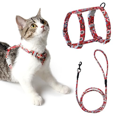 PETTOM Arnés Ajustable Antiescape con Correa Cuerda Redonda Cómodo Seguridad Arnés de Gato para Pequeño, Medio y Grande Gatos Adultos y Cachorros - Harness para Caminar y Viajes - Rojo