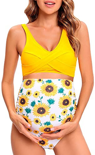 Tofern Umstands-Bikini Set V-Ausschnitt Criss Cross Schwangerschaft Badeanzug Hohe Taille Zweiteilige Bademode Für Schwangere