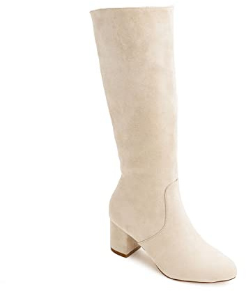 Andrés Machado - Bottes à Talons Larges Hauts en suédine synthétique pour Femmes - AM4206 - Tige Haute - Blanc cassé EU 43