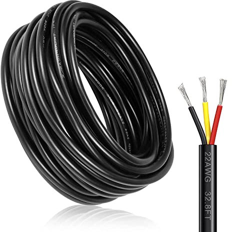 10M/32.8ft 12V Low Voltage Wire, 22 Gauge Conductor Extension Cable, Outdoor Landscape Lighting Cable, 22AWG 3 * 0.3mm² Electrical Cord Tinned Copper Hookup Wire Kit, 3 Core with Black Reel Package