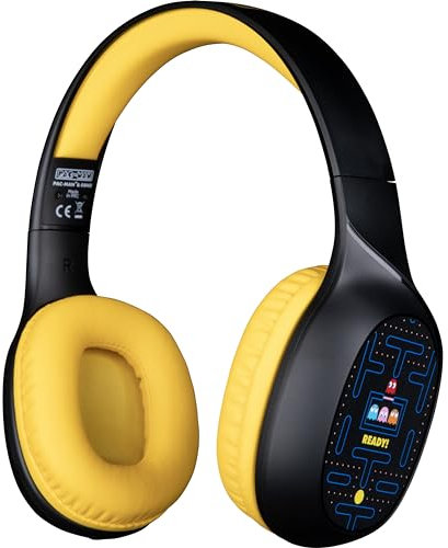 Konix Pac-Man Casque Audio sans Fil Bluetooth 5.3 pour Smartphones et tablettes - Autonomie 30 h - Câble Jack 3,5 mm - Noir et Jaune