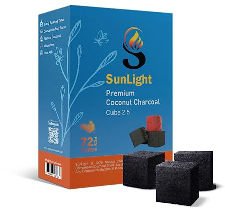 Sunlight® Premium Coconut Charcoal Cubes - (2.5mm) - Long Lasting Natural Coco Charcoal - Zero Ash - Low Odor - 2.5 mm Cubes - Long Lasting - Full Burn (72)
