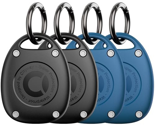 (4-pack) för AirTag-nyckelringshållarfodral | IPX8 vattentät, ultrakompakt | Bärbart luftmärkesfodral för ryggsäck, nycklar, bagage – 2 svart/2 blå