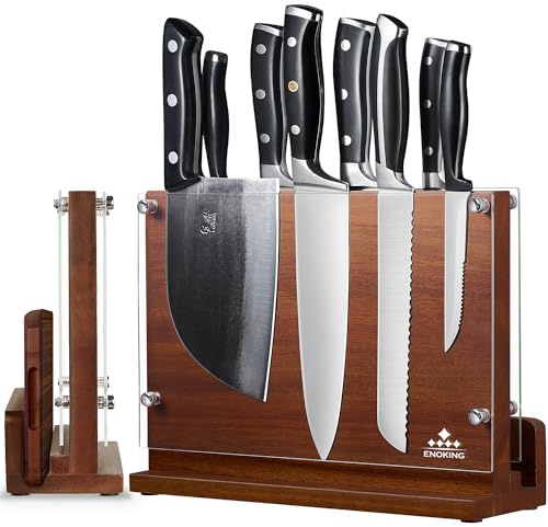 ENOKING Magnetic Knife Block with Acrylic Shield 12 x 9 Inches, Double Side Kitchen Knife Holder without Knives- Acacia Wood Universal Knife Storage Organizer with Powerful Magnet for Kitchen Counter