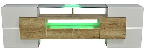 I0I&I0I Élégant meuble TV bas blanc brillant de 200 cm avec éclairage LED – Design moderne – Meuble de salon en MDF (marron), I0I&I0I0257