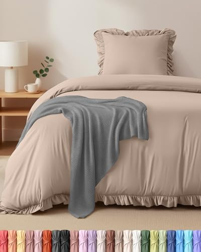Utopia Bedding Rüsche Bettwäsche 135x200 Set - Mikrofaser Bettbezug 135x200 cm + 1 Kissenbezug 80x80 cm- Beige