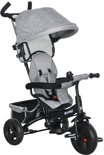 HOMCOM Dreirad 6-in-1 mit Schubstange für 1-5 Jahre Kinder bis 25kg, Kinderdreirad mit Vorwärts und Rückwärtsfahrt, Korb Getränkehalter Sonnendach, Grau