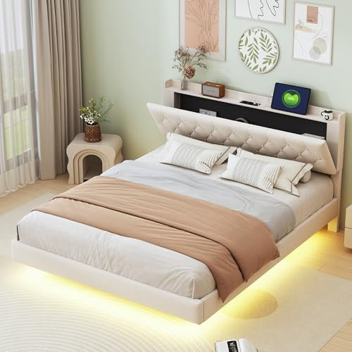 KEYIDE Polsterbett 160x200 cm mit LED-Beleuchtung und Aufladen USB, Doppelbett mit Stauraum Kopfteil und Lattenrost, Jugendbett Stauraumbett Bettgestell, Leinen, ohne Matratze (Beige, 160x200 cm)