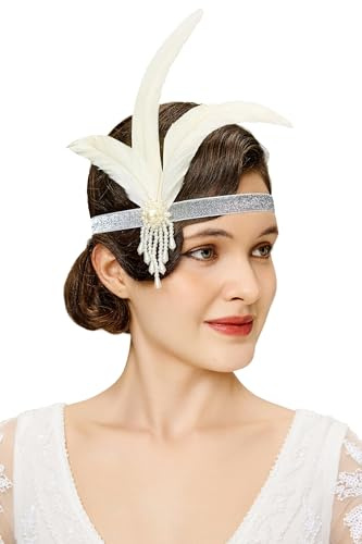 BABEYOND 1920-tals klaff fjäder huvudbonad vintage 1920-tal pannband pärlband klaff huvudbonad Great Gatsby kostym tillbehör, vit fjäder
