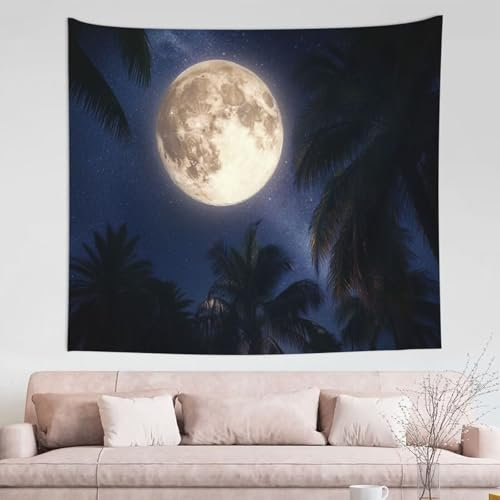 Wandteppich Kokospalmen Am Nachthimmel 60x80cm Wall Tapestry Art Print Stoff Wandtuch, Party Hippie Wandbehang Großes Tapisserie für Wohnzimmer Schlafzimmer Dorm Wanddeko Auch als Picknickdecke D3995