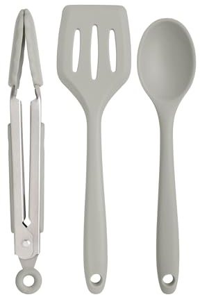 Wiltshire Silicone Mini Kitchen Tongs, Serving Spoon & Turner Set of 3 Grey | Cooking Spoon Serving Tongs & Spatula, Salad Tongs Stainless Steel, Heat-Resistant Utensil, Non-Stick, Non-Scratch