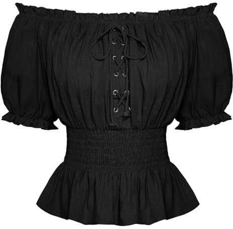 SCARLET DARKNESS Steampunk Damen Piratenhemd Cosplay Korsett Halloween Karneval Peasant Bluse Schwarz XXL