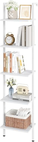 ELYKEN Ladder Shelf, 5-Tier Wood Wall Mounted Bookshelf with Metal Frame, Vintage Open Display Organizer Rack, Leaning Storage Shelves for Living Room, Bedroom, Home Office, White