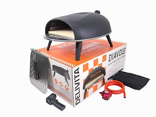 Delivita Diavolo Gas Pizza Oven – Portable, Lightweight – Cooks Pizza in 60-90 Seconds at 450°C – Includes Folding Peel, Carry Case, Temperature Gun, and Gas Regulator – 10.5kg – Black