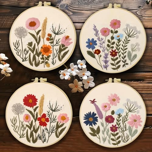 JOZYSH 4 Sticksets für Anfänger, Blumen-Kreuzstich-Sets für Erwachsene, Anfänger, Übungsset für Handarbeitsliebhaber mit floralem Stempelmuster,Bastelset für DIY-Kunstprojekte