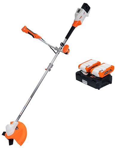 RURIS - Desbrozadora con batería 3044e - Motor sin escobillas - Ancho de Corte 300 mm (Alambre) / 255 mm (Hoja), Asas ergonómicas, batería 2 x 20 V Li-Ion 4 Ah y Cargador Doble Incluido