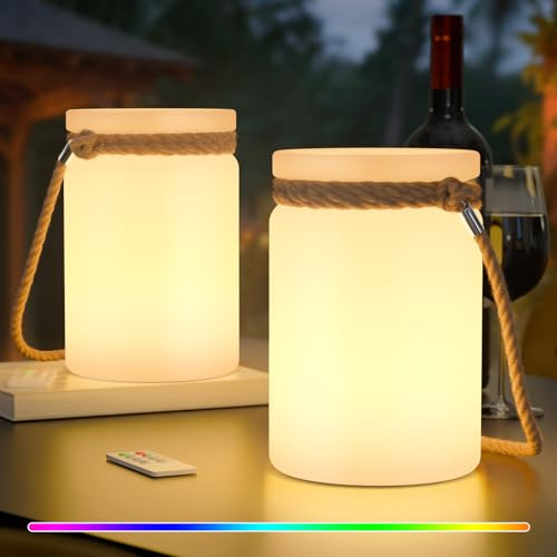 RWWR 2 Stück LED Outdoor Lampe Akku Tischlampe Kabellos, Wetterfest IP44, Dimmbar, 8-10H Akku, Tragbar Warmweiß und RGB USB-C Aufladung für Terrasse Esstisch Garten Balkon Camping