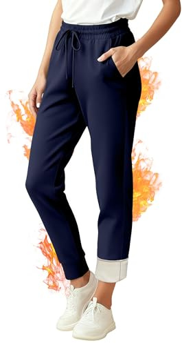 FlexVie Pantalones chándal de Mujer con Forro Polar, Jogger cálido de Invierno, Cintura Alta, Bolsillos, Ropa Deportiva y Casual para frío (-10℃ a 15℃) Azul Marino l