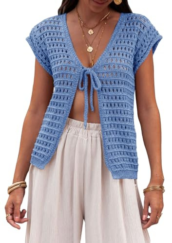 Saodimallsu Cardigan estivo da donna, con scollo a V, sexy, boho, a maniche corte, aperto, a maglia, leggero, da spiaggia, Blu, L