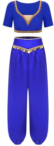 TiaoBug Costume da Danza del Ventre Donna Due Pezzi Completo da Ballo Indiano Arabo Vestito da Ballo Lirico Contemporaneo Crop Top Manica Corta + Pantaloni Lunghi Blu Reale M