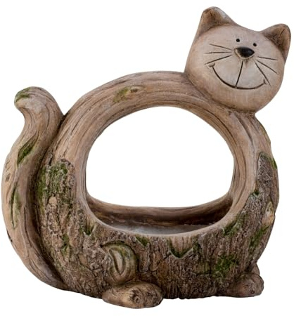 MF Pflanzgefäß Katze in Baumrindenoptik, Naturstein-Optik mit Moosakzenten, Magnesia, 33 cm Höhe, 31 cm Breite, Dekoration für Innen und Außen