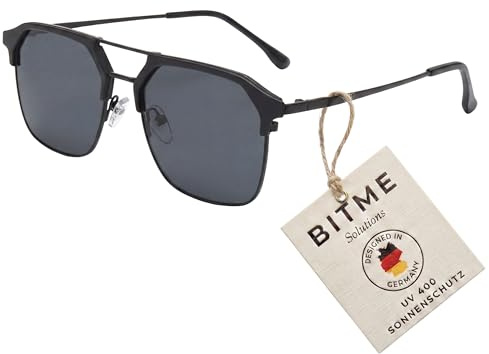 BitME Solutions Retro Sonnenbrille Unisex – Vintage Doppelsteg Navigator Design mit UV400 Schutz – Eckige Sonnenbrille für Damen & Herren inkl. Etui Schwarz