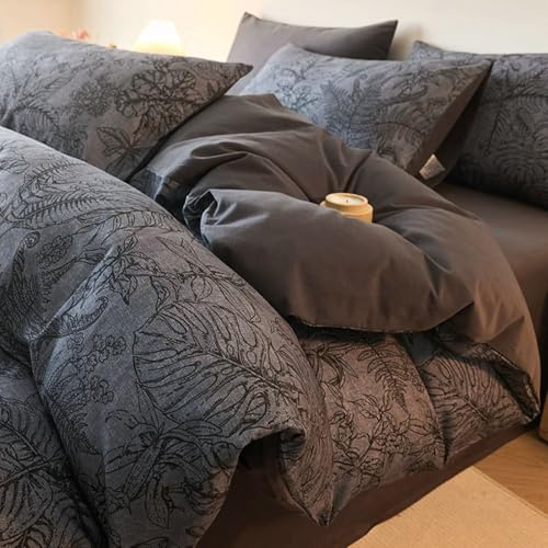Homxi Biancheria da Letto Completa 4 Pezzi, Copripiumino 220x240cm, Lenzuolo Aderente 180x200cm e 2 Federe, Motivo a Foglie, Cotone Morbido, Grigio Scuro