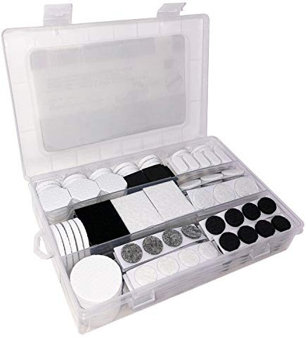 Set da 300 feltrini autoadesivi assortiti, colori: bianco, nero, grigio; in una pratica scatola richiudibile