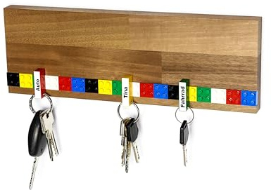 Schubica Schlüsselbrett PLAY 202 Holz | Für die ganze Familie | Schlüsselleiste Nussbaum mit 6 Schlüsselanhängern zum selbst beschriften | inkl. Schrauben und Dübel | bunt