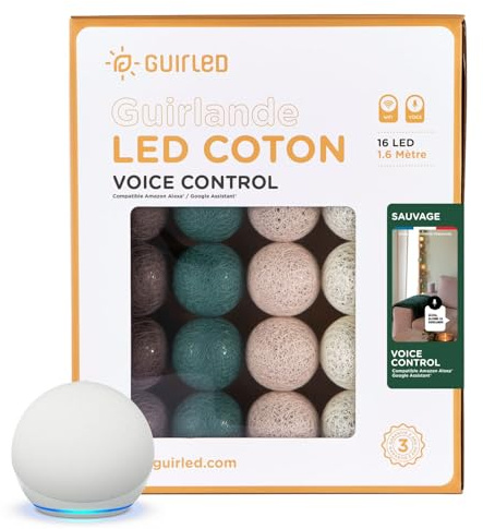 GuirLED - LED Baumwollkugeln Lichterkette WIFI USB - Sprachsteuerung - Connected Home - Amazon Alexa & Google Assistant - 2xUSB-Netzadapter enthalten - 16 Kugeln 1,6m - Wildnis