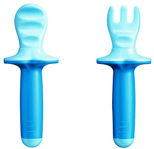 MAM Dipper Set, Set pappa svezzamento 6+ mesi, Azzurro | Include, forchetta & cucchiaino, Superficie scanalata, Mascherina protettiva, Lavabile in lavastoviglie, Senza BPA/BPS