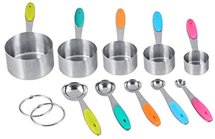 Ensembles De Cuillères Doseuses, MAGT 10 pièces Tasses à Cup mesurer et cuillères en acier inoxydable Cuillères Mesures Verre Doseur avec Poignée en Silicone, Cuillère Doseuse acier inoxydable