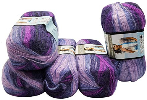 5 x 100 g Ilkadim Export Angora Active Strickwolle mehrfarbig mit Farbverlauf, 500 Gramm Strickgarn mit 20% Wolle-Anteil (lila flieder rosa 847)